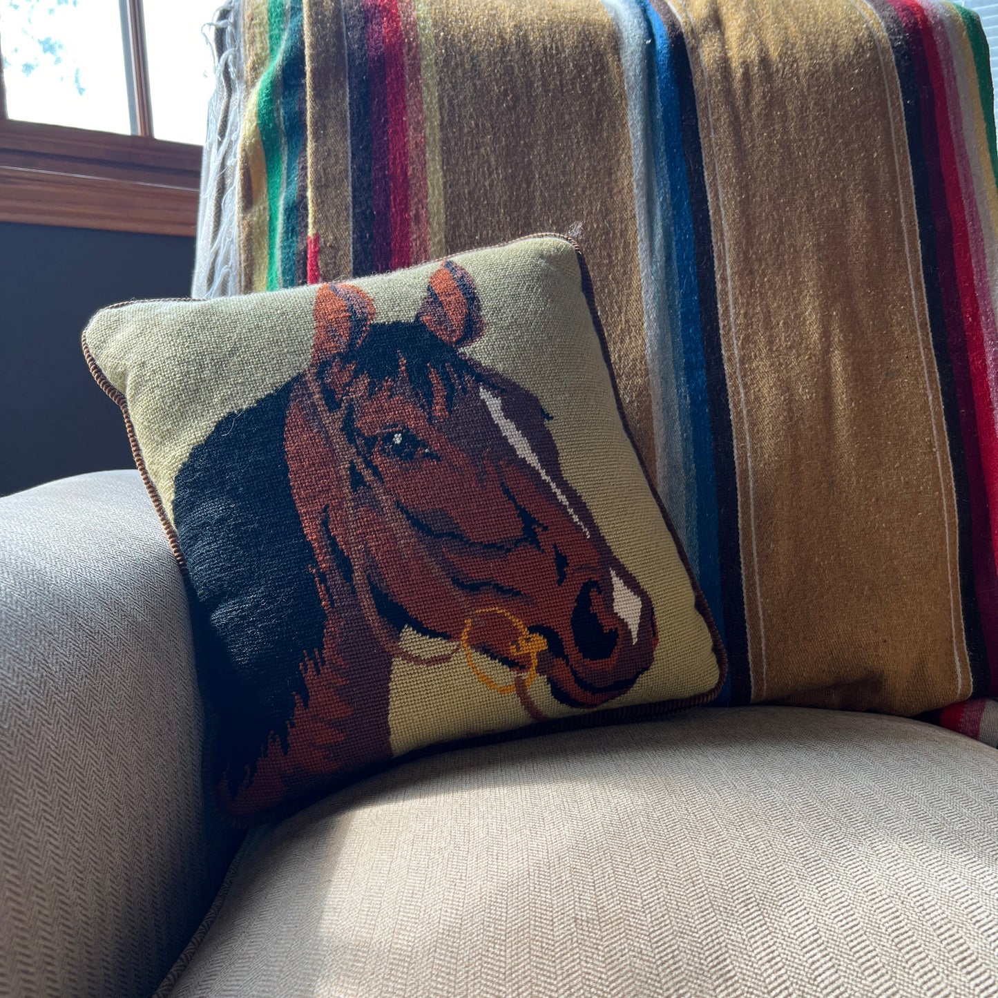 Vintage Needlepoint horse head pillow