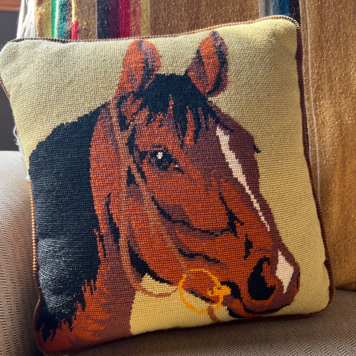 Vintage Needlepoint horse head pillow