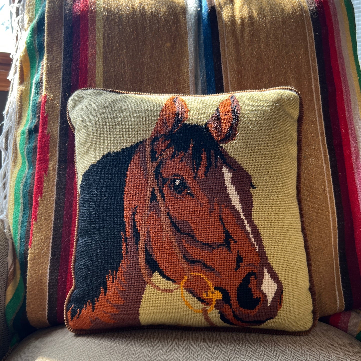 Vintage Needlepoint horse head pillow