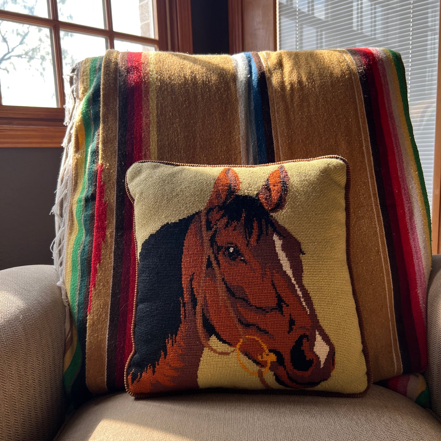 Vintage Needlepoint horse head pillow
